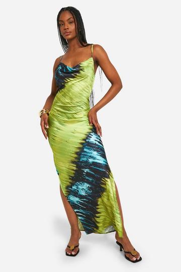 Green Tall Satin Abstract Cowl Neck Maxi Dress