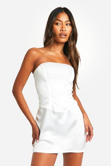 White Rhinestone Corset Satin Mini Dress