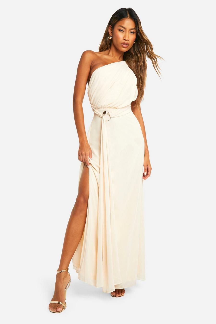 Cream One Shoulder Chiffon Ruched Maxi Dress image number 1
