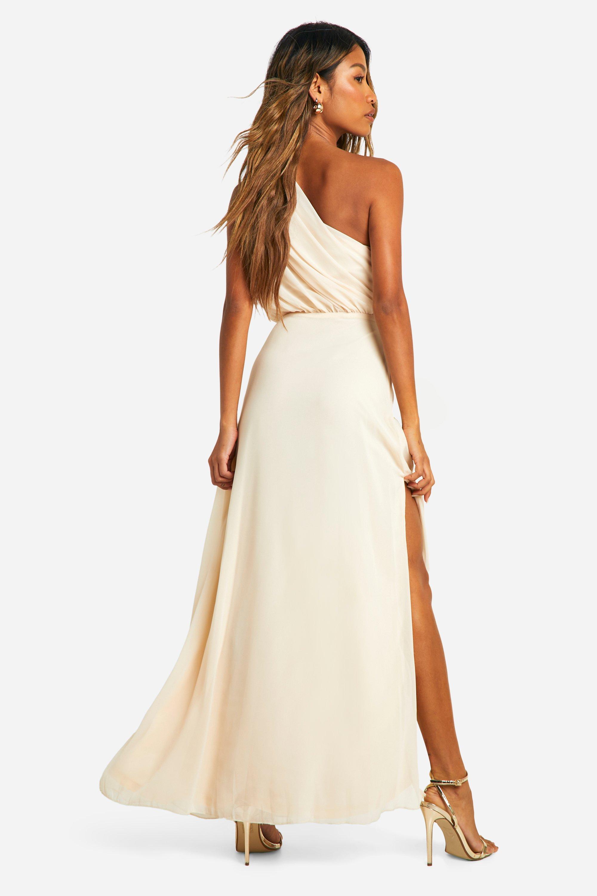 Robe longue asymetrique froncee en mousseline de soie