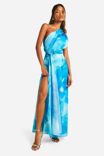 One Shoulder Printed Chiffon Ruched Maxi Dress blue