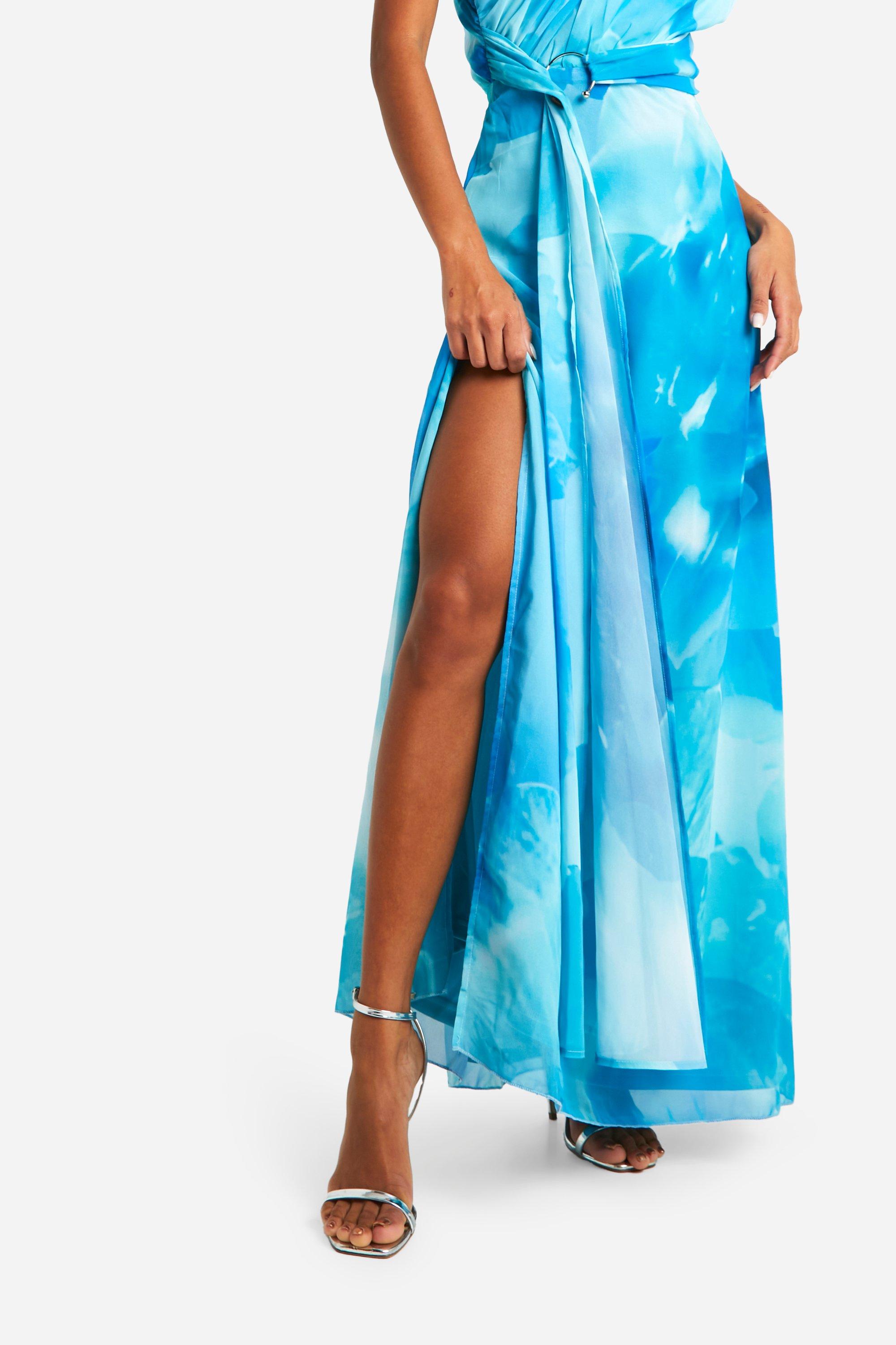 Boohoo Women s One Shoulder Printed Chiffon Ruched Maxi Dress Blue
