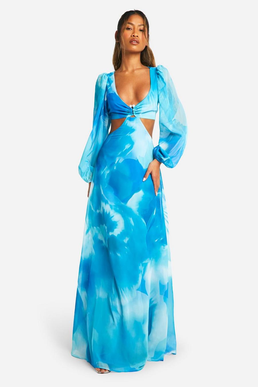 Blue Chiffon Print Pearl Trim Maxi Dress