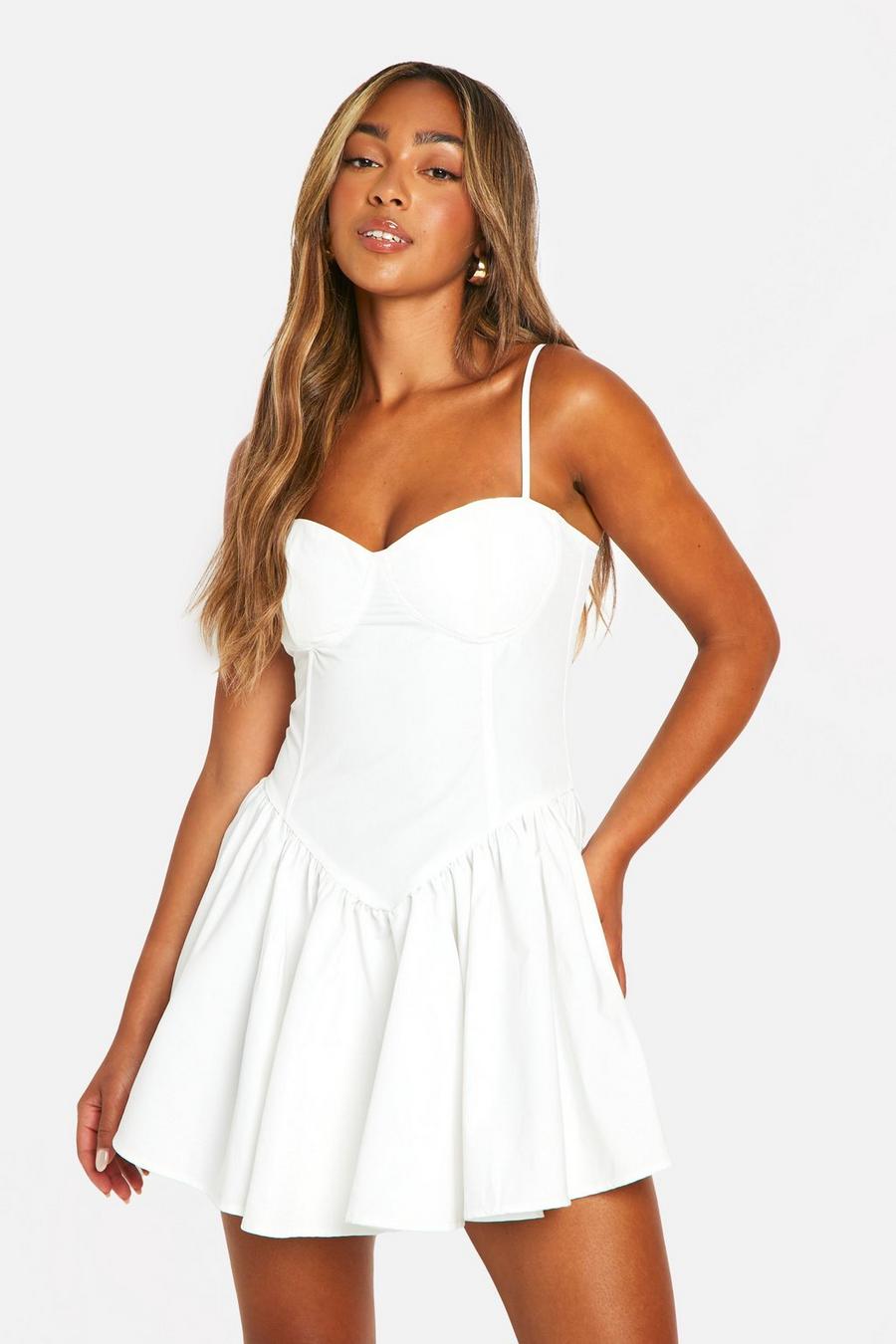 White Cotton V Waist Milkmaid Skater Dress