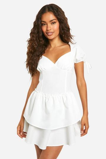 Cotton Puff Sleeve Smock Mini Dress white