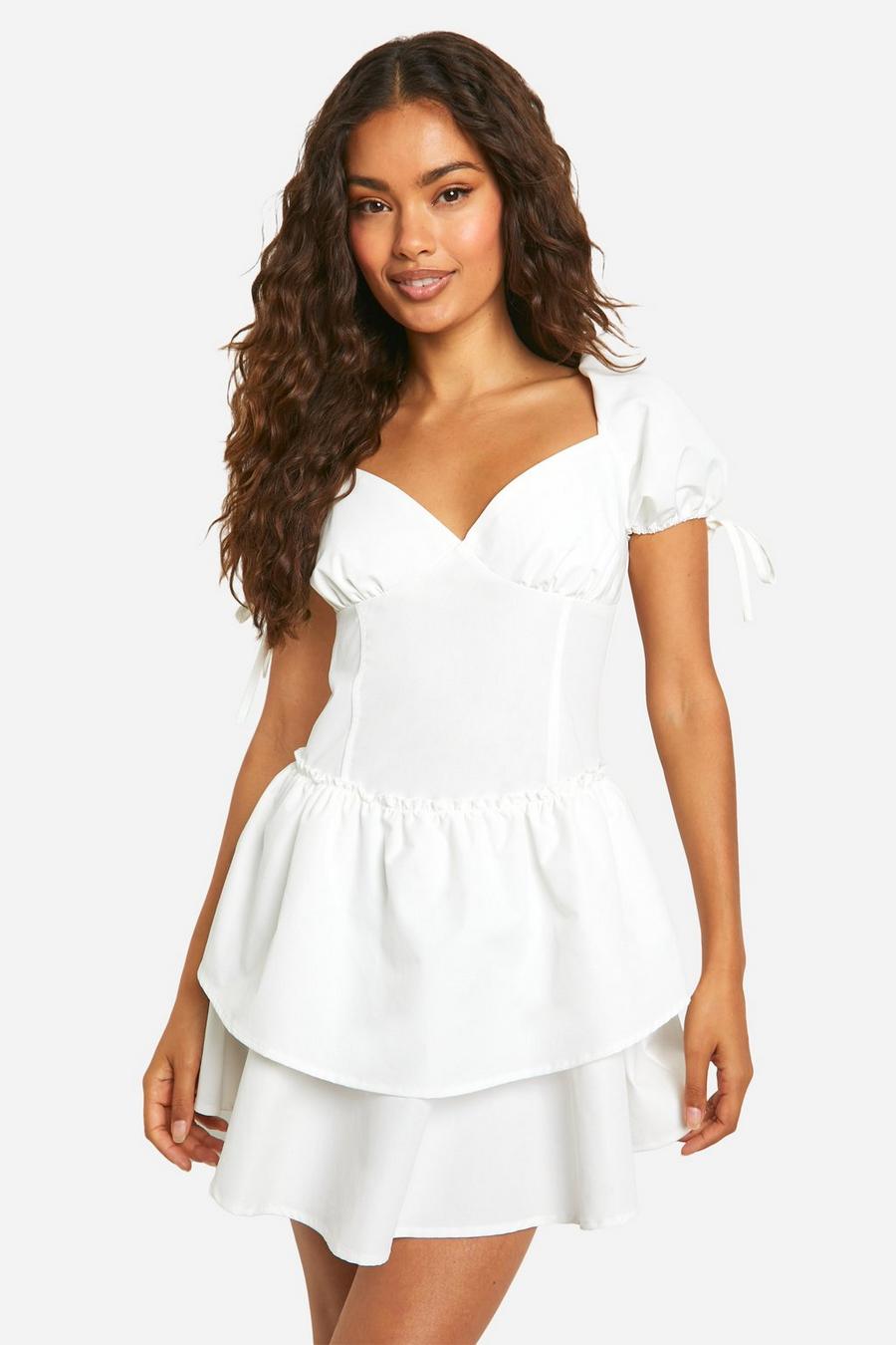 White Cotton Puff Sleeve Smock Mini Dress