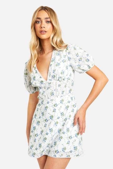 Cotton Dobby Floral Smock Dress white