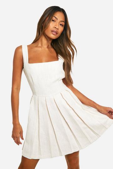 Cream White Boucle Pleated Mini Dress