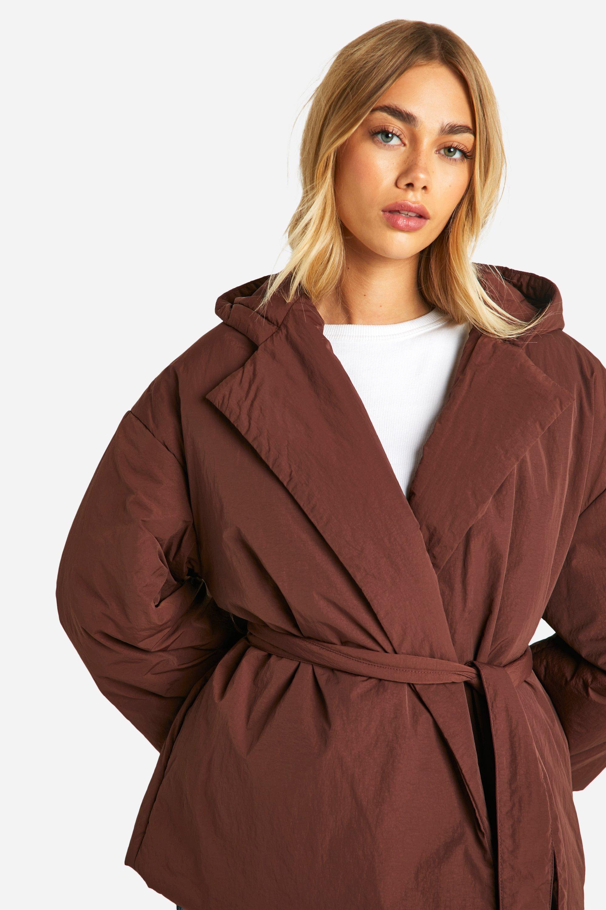 Boohoo Women s Hooded Belted Puffer Jacket Brown