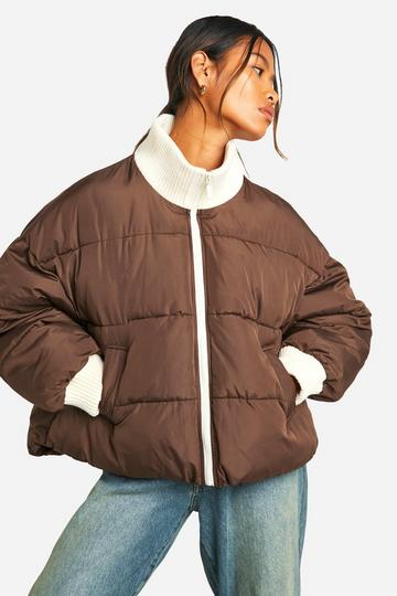 Chocolate Brown Contrast Rib Puffer Jacket