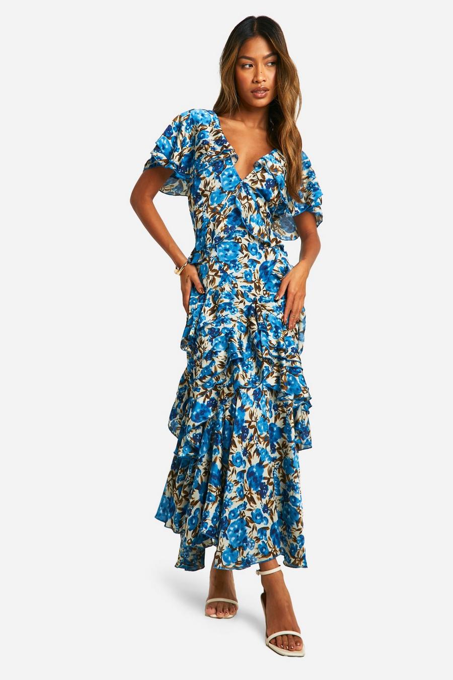 Blue Floral Frill Detail Ruffle Maxi Dress
