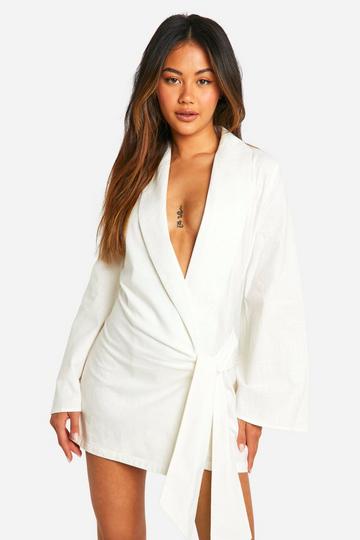 White Linen Look Wrap Shirt Dress