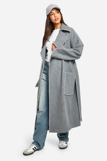 Grey Contrast Stitch Belted Wool Look Coat