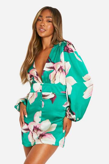 Floral Puff Sleeve Mini Shift Dress green