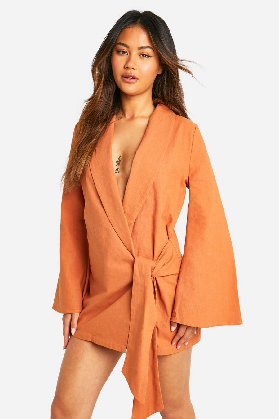 Burnt orange Linen Wrap Shirt Dress