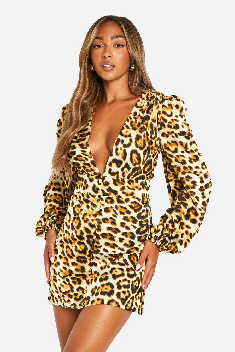 Brown Leopard Puff Sleeve Mini Shift Dress