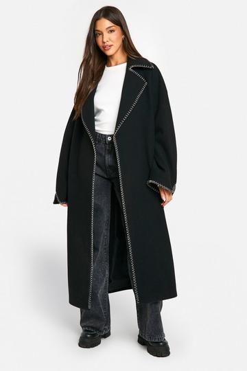 Black Contrast Stitch Belted Wool Look Coat