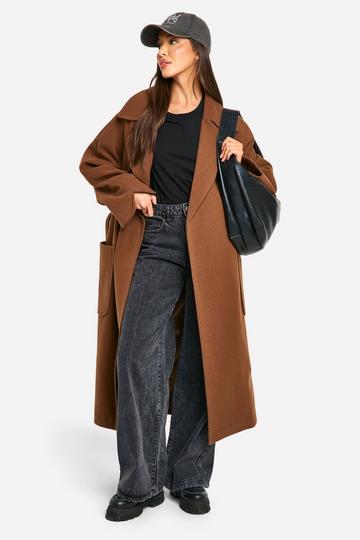 Stitch Detail Belted Wool Look Coat brown