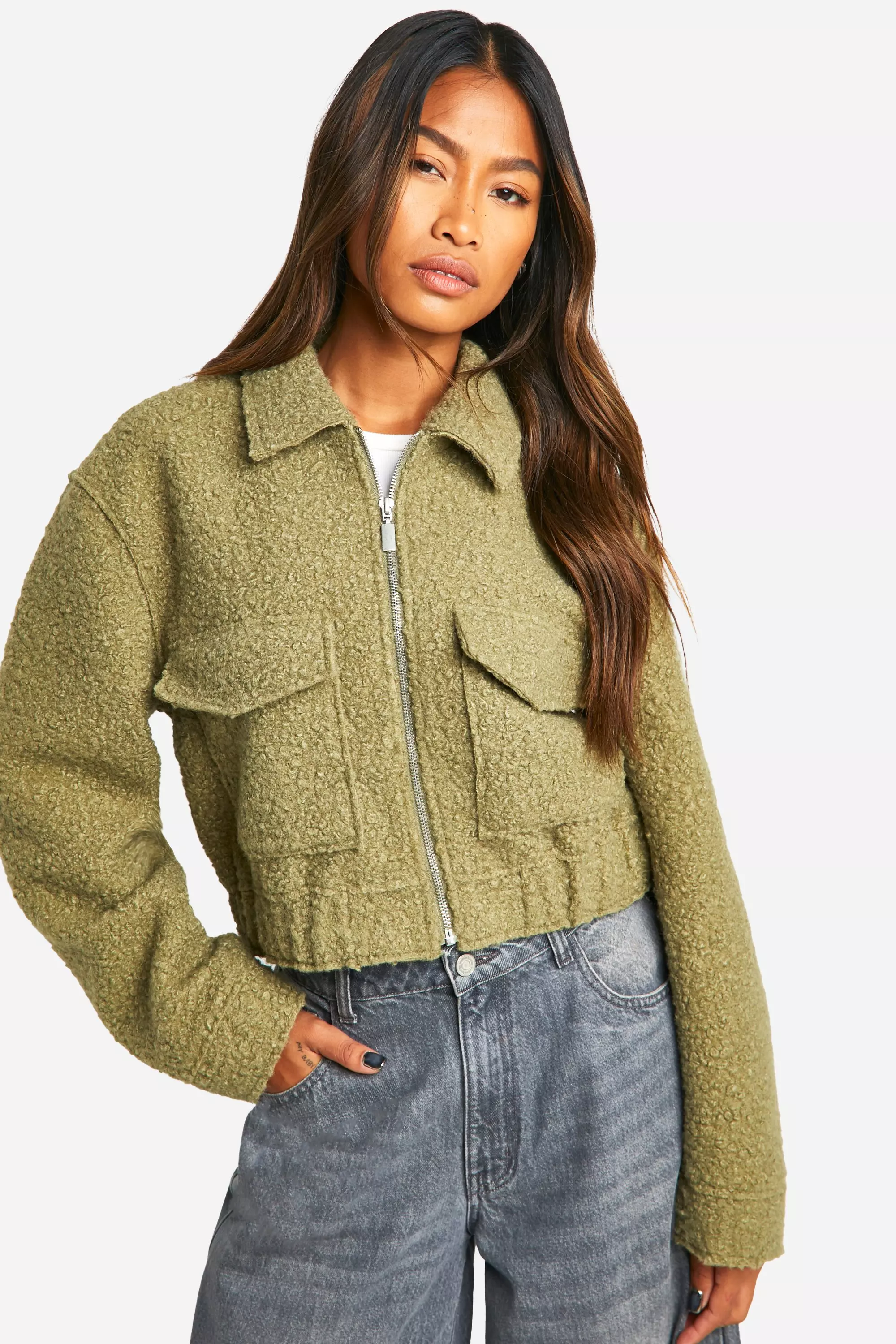 Sage Collared Boucle Wool Look Jacket alternative image