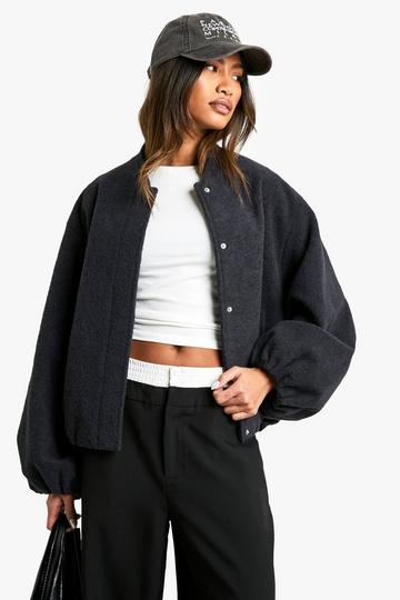 Balloon Sleeve Wool Look Bomber Jacket charcoal