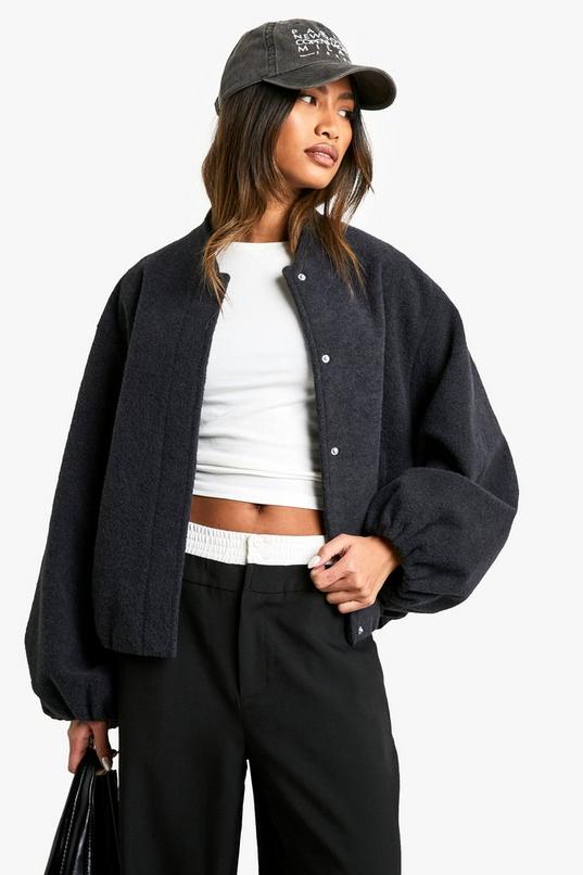 Balloon Sleeve Wool Look Bomber Jacket | boohoo Balloon Sleeve Wool Look Bomber Jacket | boohoo