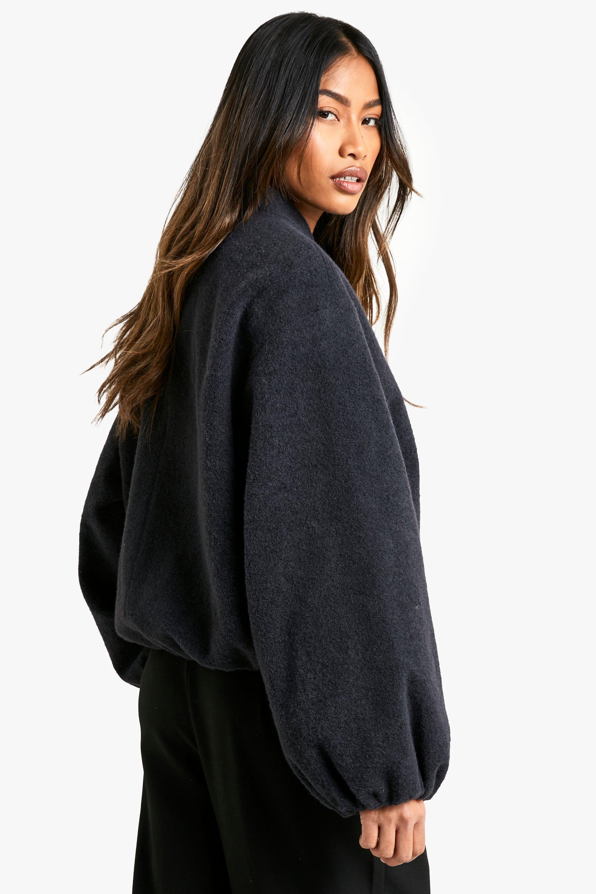 Balloon Sleeve Wool Look Bomber Jacket | boohoo Balloon Sleeve Wool Look Bomber Jacket | boohoo