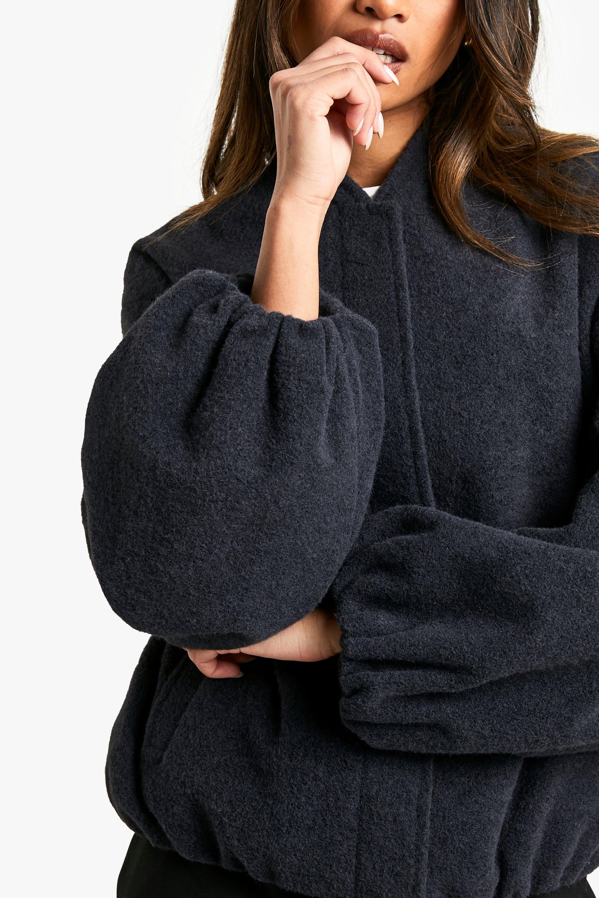 Balloon Sleeve Wool Look Bomber Jacket | boohoo Balloon Sleeve Wool Look Bomber Jacket | boohoo