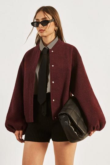 Balloon Sleeve Wool Look Bomber Jacket cranberry