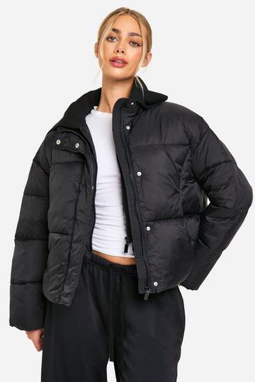 Rib Collar Detail Puffer Jacket black