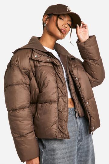 Rib Collar Detail Puffer Jacket chocolate