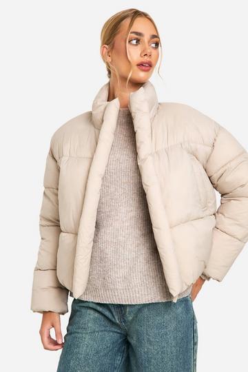 Stone Beige Funnel Neck Puffer Jacket