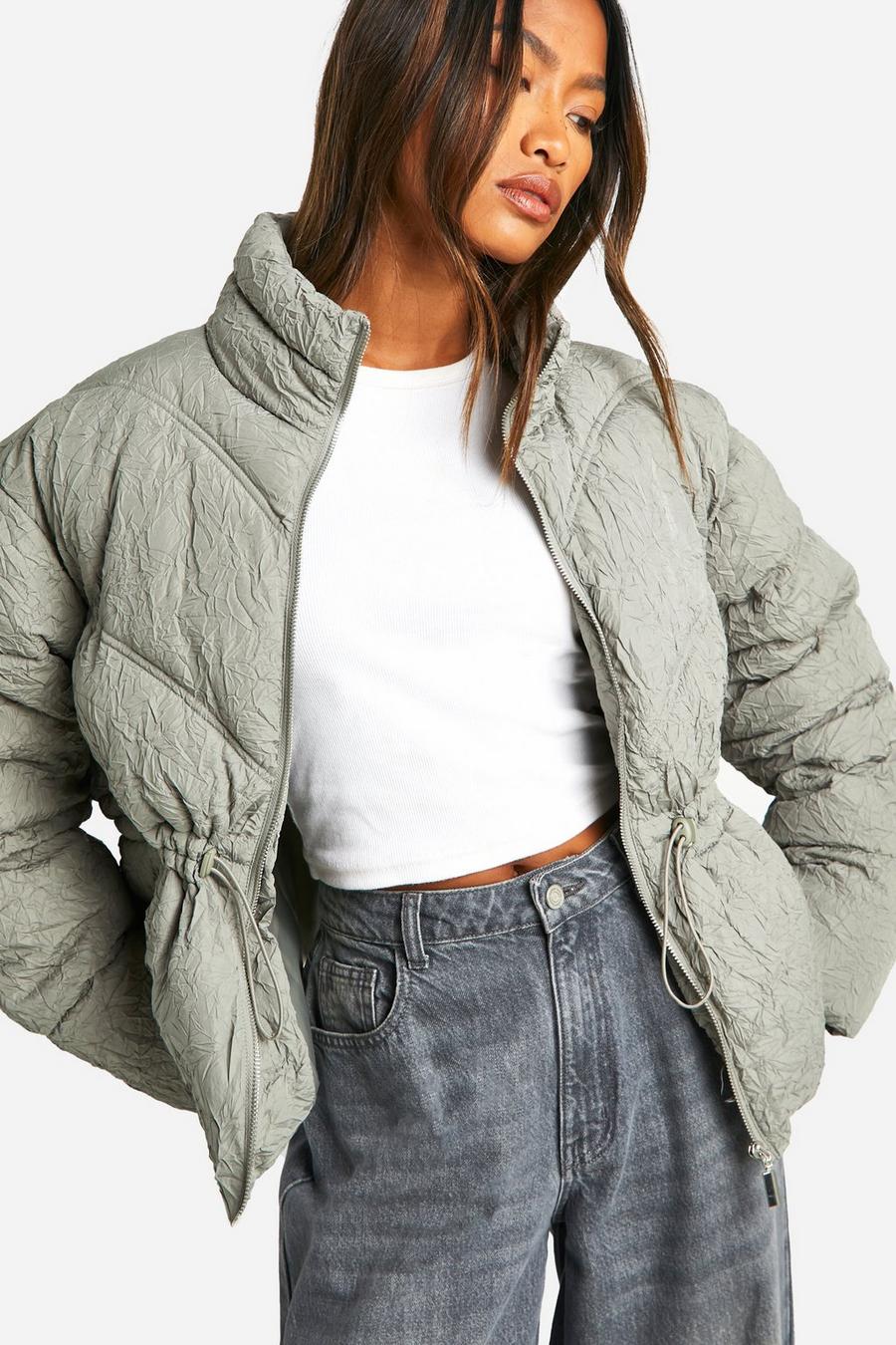 Crinkle Cinched Waist Puffer Jacket | boohoo USA Crinkle Cinched Waist Puffer Jacket | boohoo USA