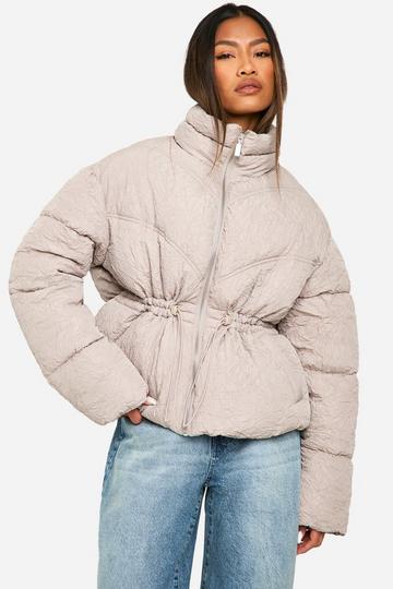 Crinkle Cinched Waist Puffer Jacket champagne