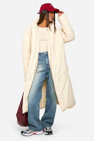 Cream White Belted Duvet Puffer Coat