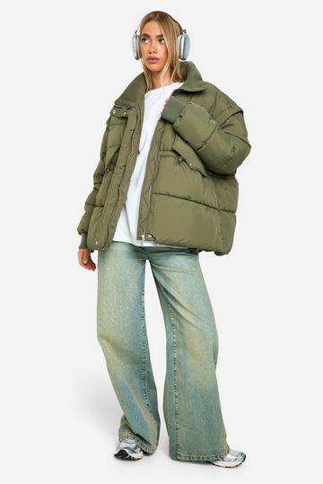 Rib Collar Oversized Puffer Jacket khaki