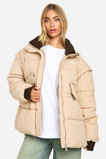 Stone Beige Contrast Collar Oversized Puffer Jacket