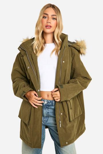 Hooded Pocket Detail Parka khaki