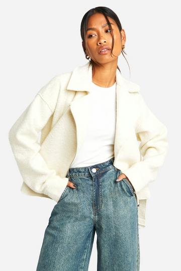 Cream White Boucle Belted Moto Jacket