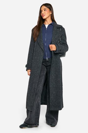 Textured Wool Look Trench Coat dark grey