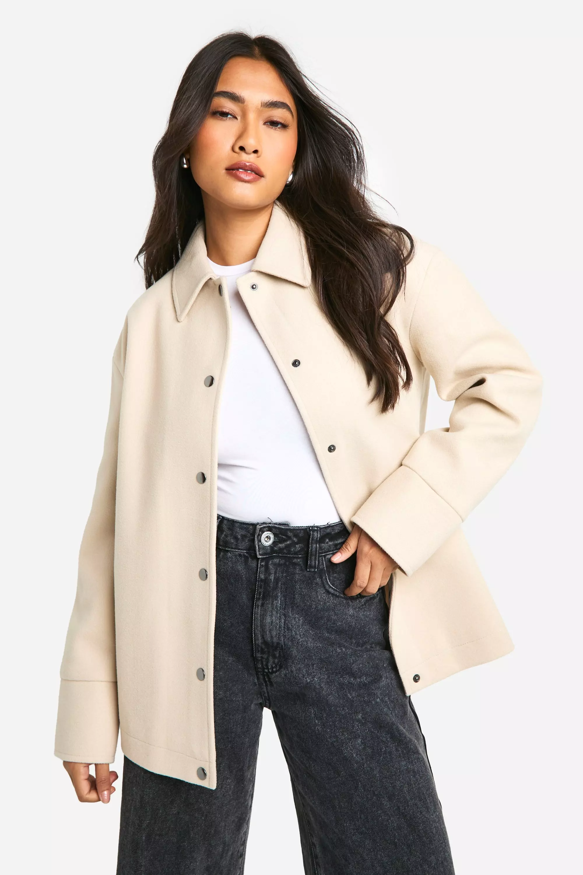 Oatmeal Oversized Wool Look Shacket   صورة بديلة
