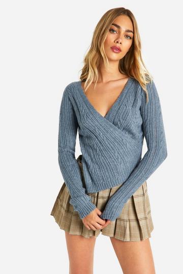 Soft Knit Cable Knit Asymmetric Wrap Sweater petrol