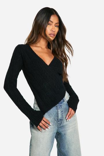 Soft Knit Cable Knit Asymmetric Wrap Jumper black