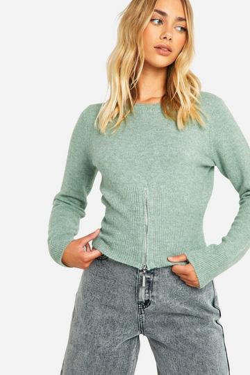 Soft Knit Fine Gauge Zip Hemline Jumper sage