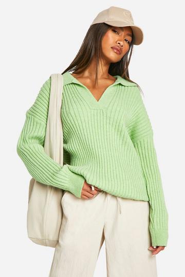 Soft Wide Rib Knit Collared Sweater green