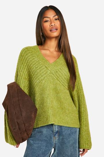 Chunky Rib V Neck Wide Sleeve Jumper olive