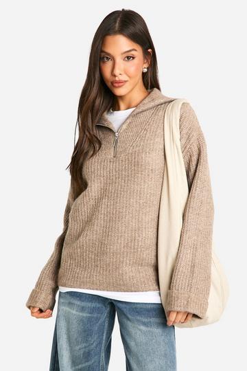 Chunky Soft Knit Half Zip Jumper taupe