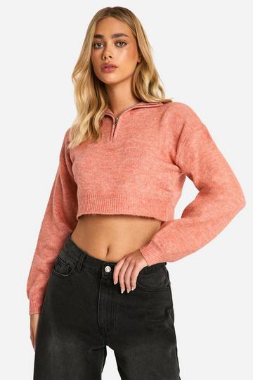 Soft Knit Half Zip Crop Sweater coral