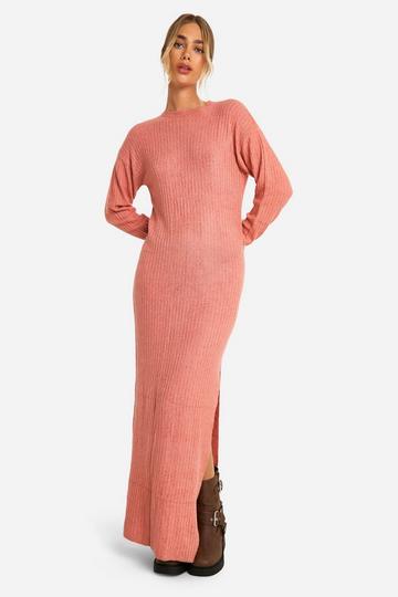 Soft Rib Knit Side Split Midi Dress coral