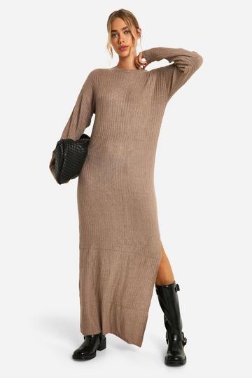 Soft Rib Knit Side Split Midi Dress taupe