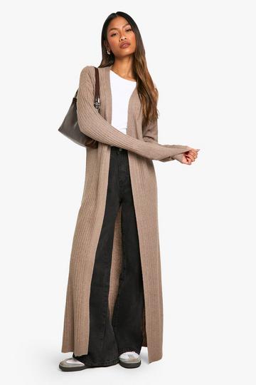 Soft Rib Knit Longline Maxi Edge To Edge Cardigan taupe